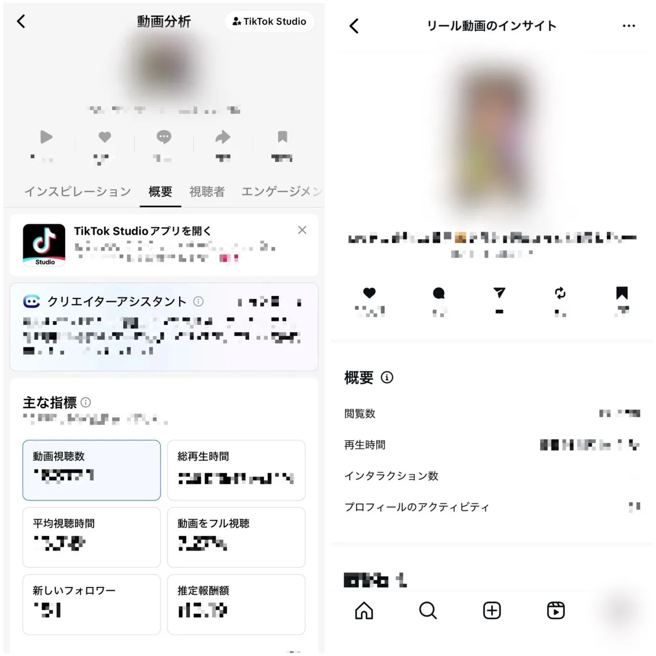 TikTok動画分析（概要）とInstagramインサイトのスクリーンショット例